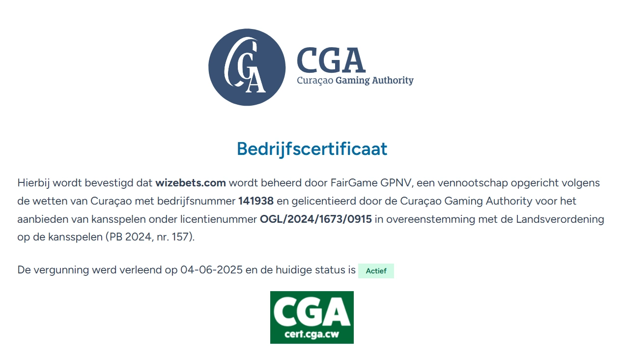 Officieel Curaçao Gaming Authority Certificate of Operation voor wizebets.com en FairGame G.P. N.V.
