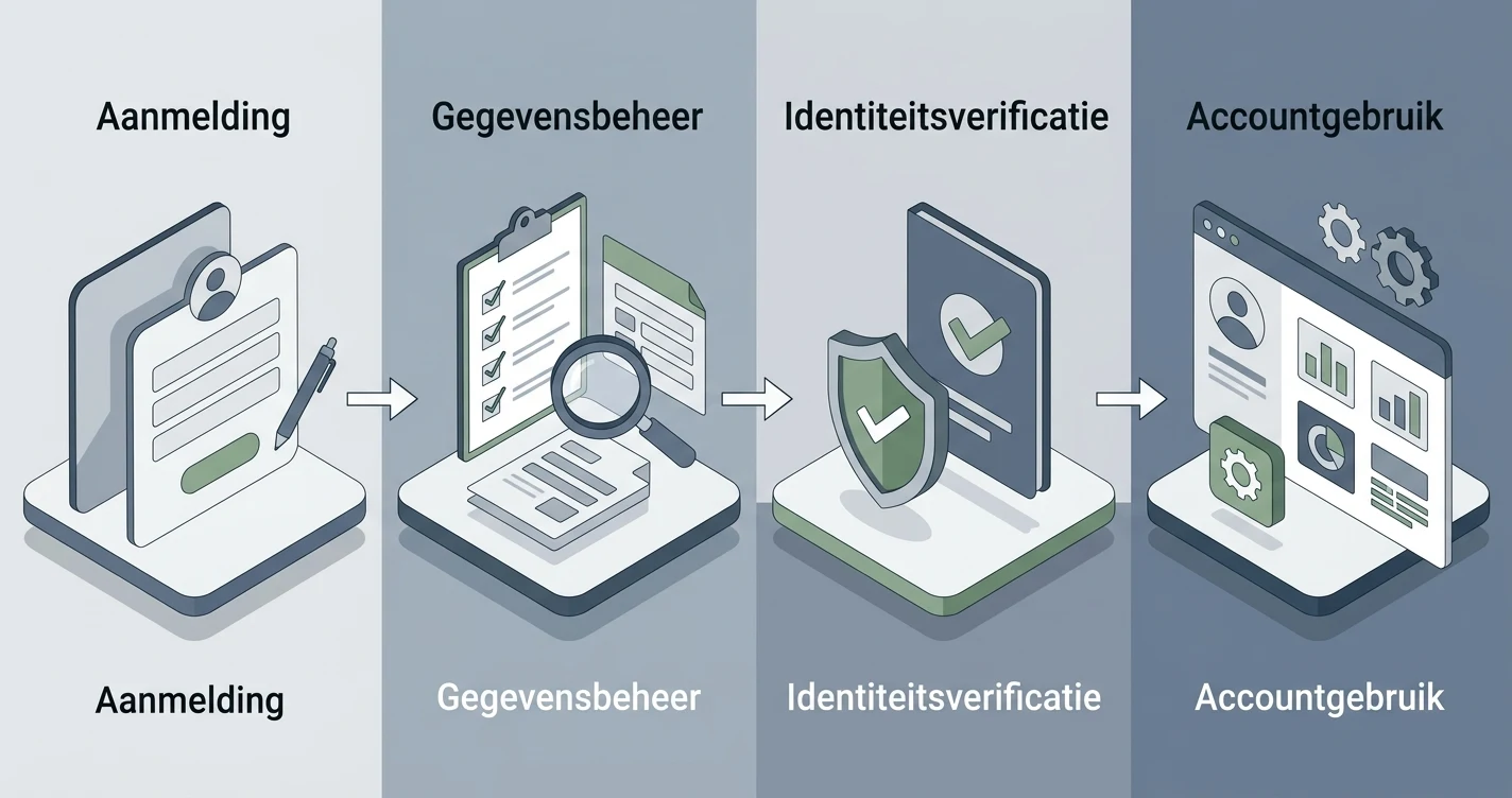 Neutrale illustratie van een accountflow met registratie, gegevenscontrole, mogelijke identiteitsverificatie en accountgebruik