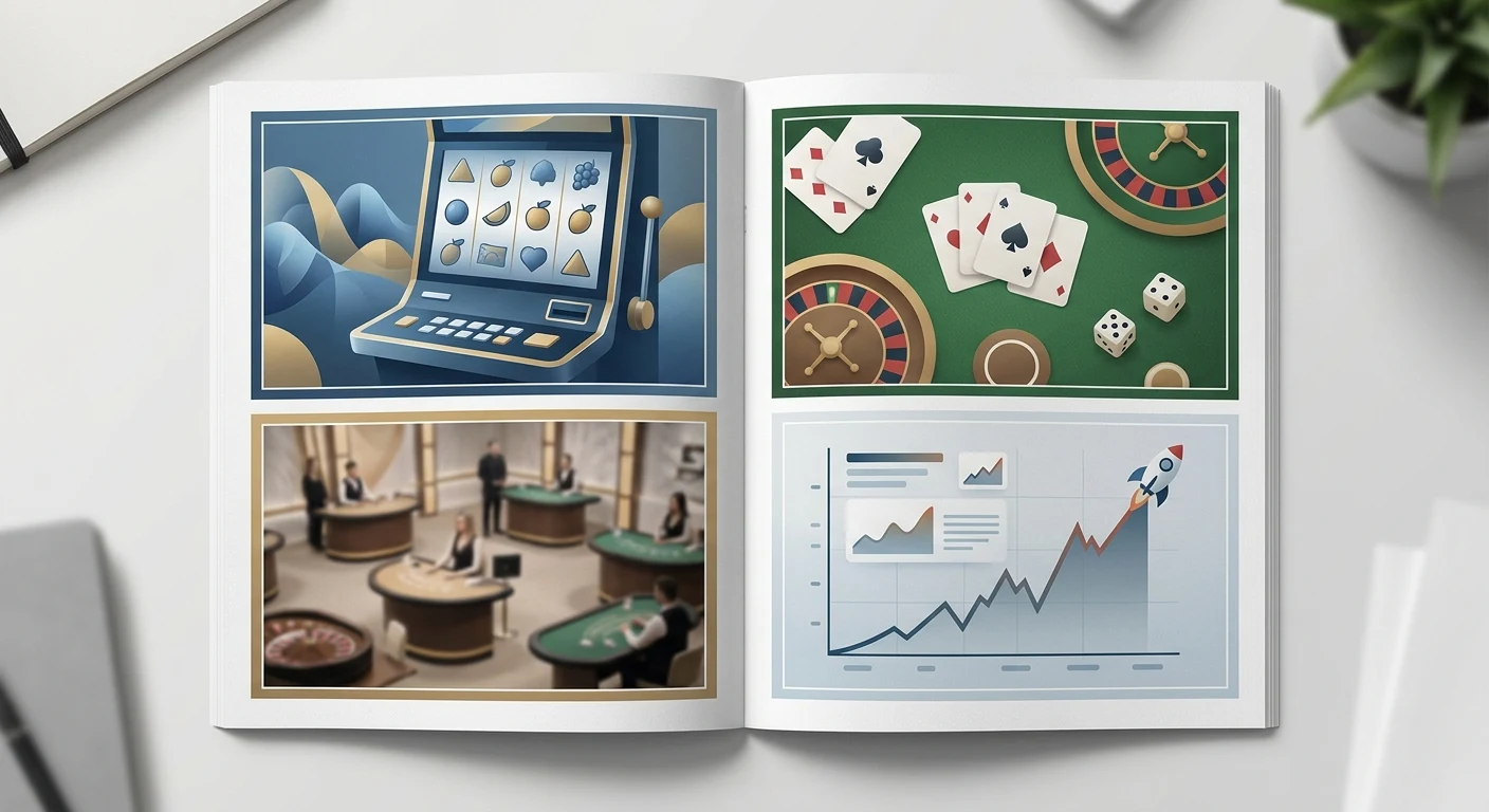 Neutrale illustratie van slots, live tafelspellen, klassieke casinospellen en crash games zonder echte game-artwork