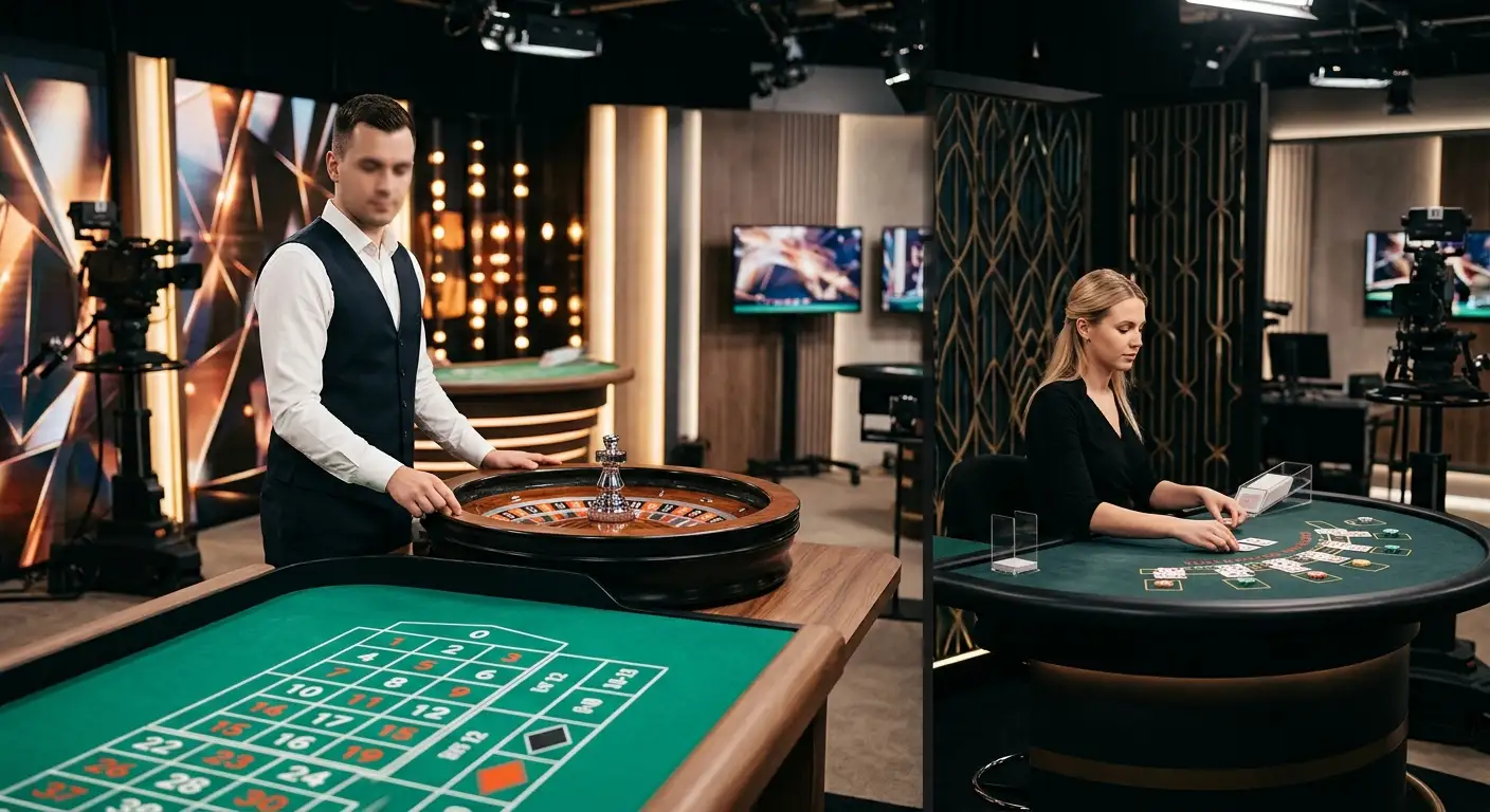 Redactionele live-casino illustratie met een generieke dealer, roulettewiel en kaarttafel zonder merklogo's