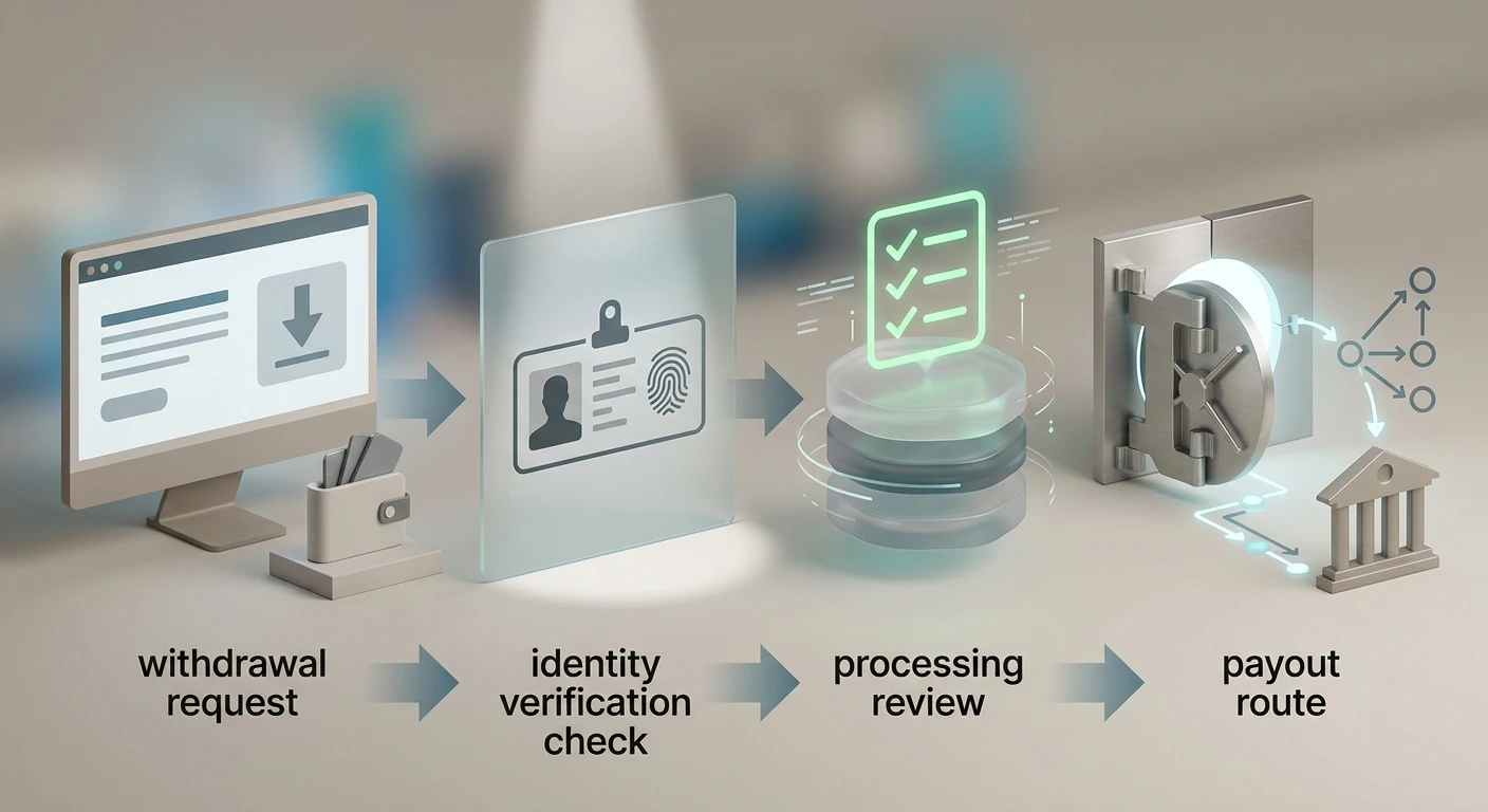 Neutrale procesillustratie van een opnameverzoek, identiteitscontrole, verwerking en betaalroute zonder bedragen of tijdclaims