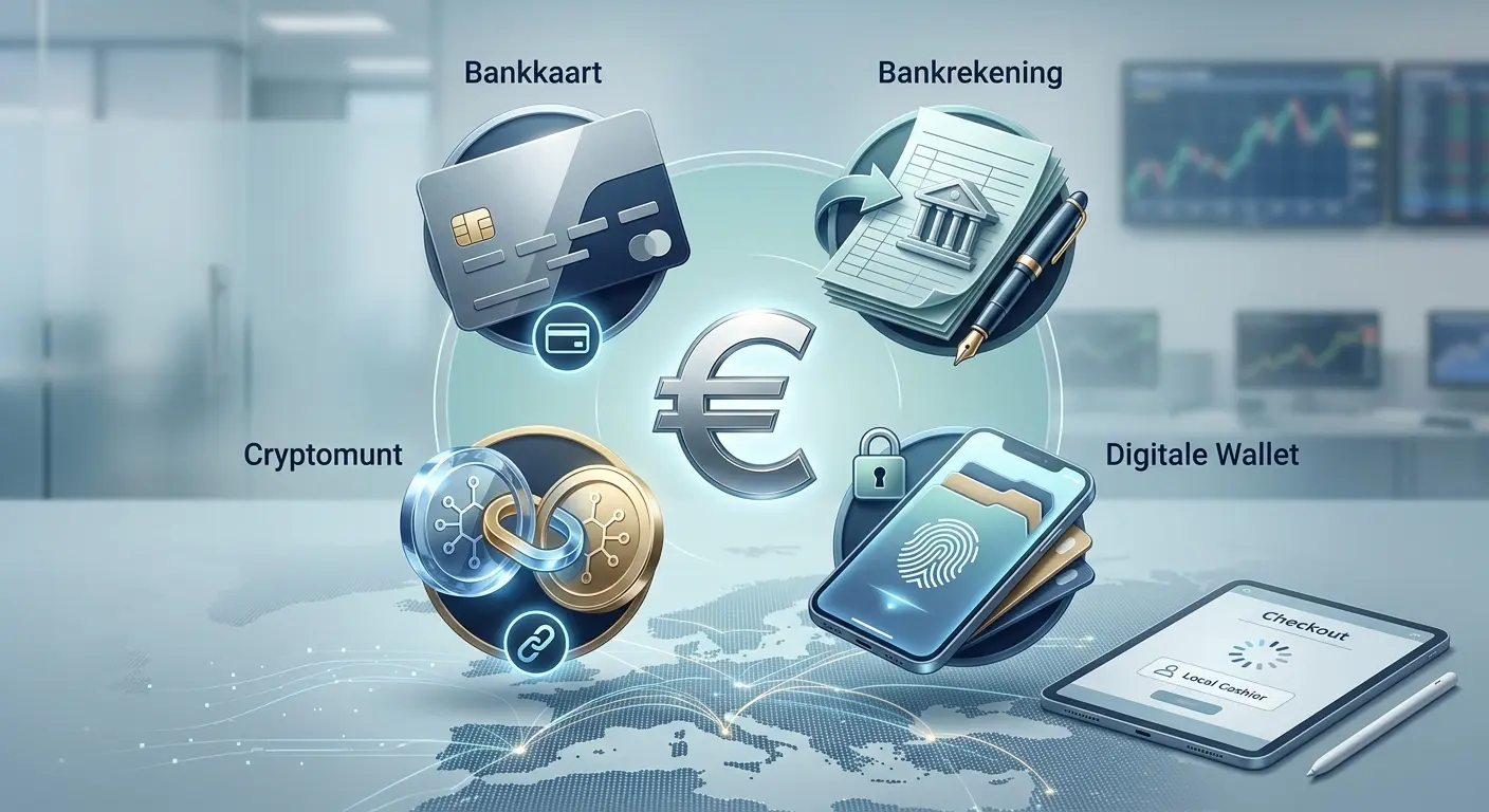 Neutrale illustratie van eurobetalingen met kaart, bank, e-wallet en cryptovaluta als afzonderlijke categorieën